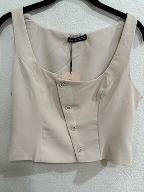 SHEIN Cream Asymmetrical Button Crop Top